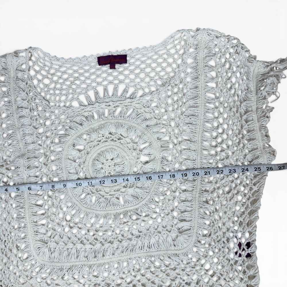 Crochet Macrame Poncho Top Cover Up Large Cream Fringe Boho Hippie Open Knit - Picture 3 of 9